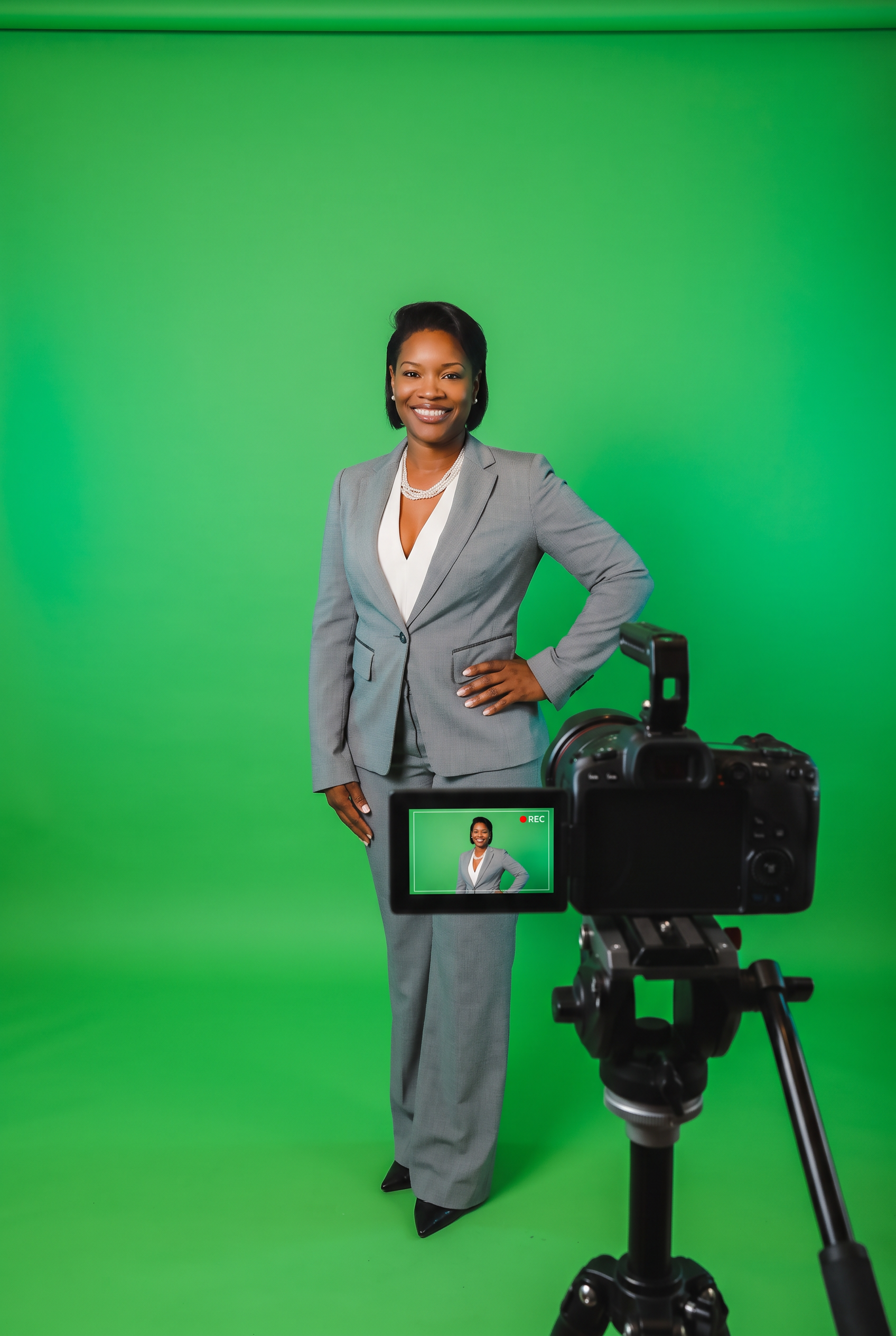 Founder standing full length in front of the studio camera in the green screen content studio